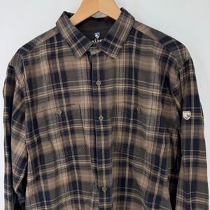 Kuhl Mens Large Flannel Shirt Brown Plaid Button Up Long Sleeve Outdoor Casual